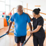 Physiotherapist assisting stroke survivor with walking exercises at a Vaughan rehabilitation clinic