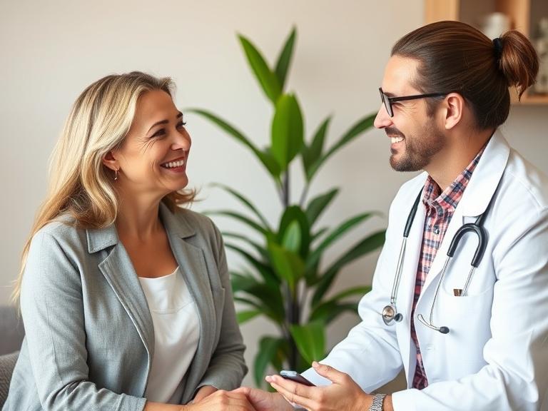 Naturopathic doctor warmly greeting a patient in a bright, plant-filled Vaughan clinic, symbolizing natural healing and personalized care.