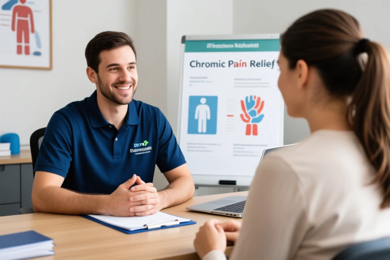 Naturopath in Newmarket discussing chronic pain relief strategies with patient Naturopath in Newmarket discussing chronic pain relief strategies with patient