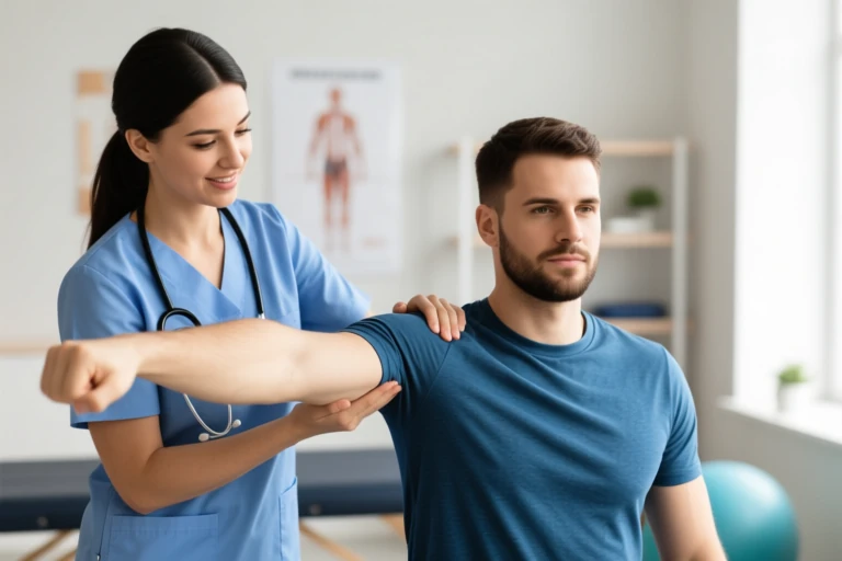 Physiotherapist in Vaughan helping patient with shoulder mobility exercises Physiotherapist in Vaughan helping patient with shoulder mobility exercises