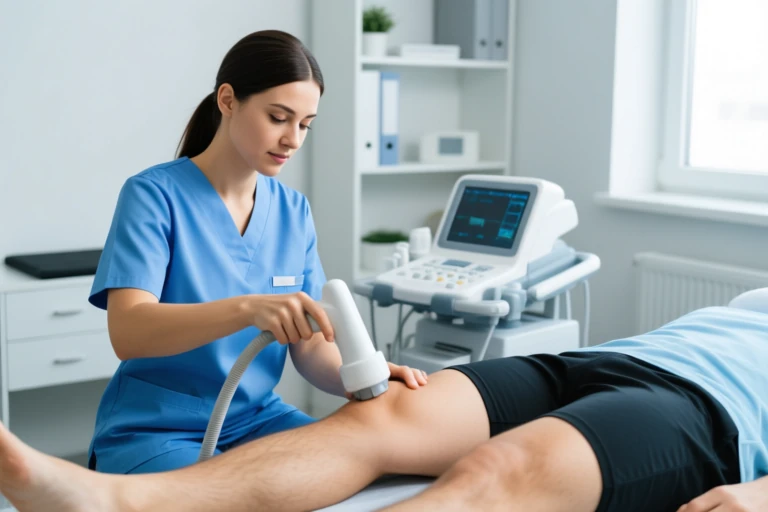 Physiotherapist using therapeutic ultrasound device on a patient in Newmarket clinic
