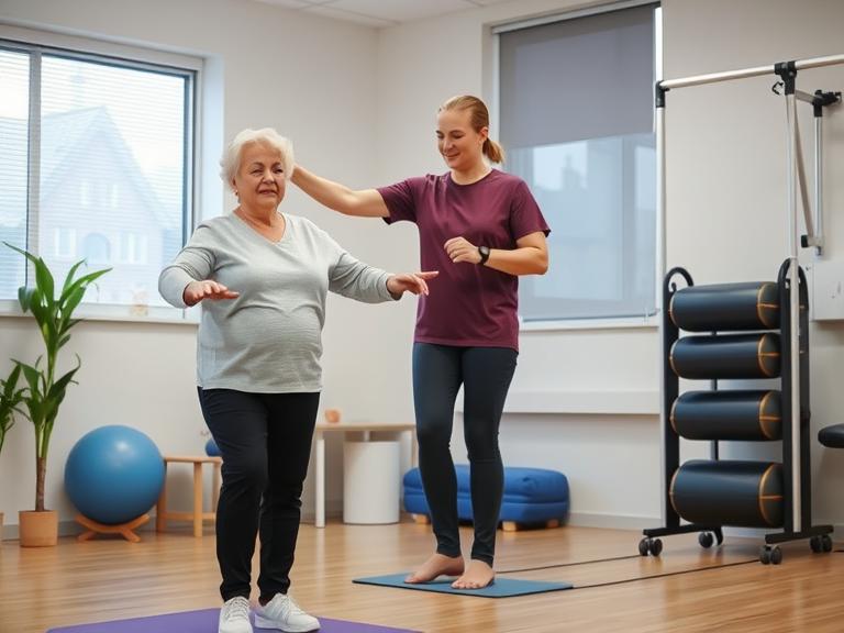 Stroke patient practicing balance exercises with physiotherapist in Newmarket