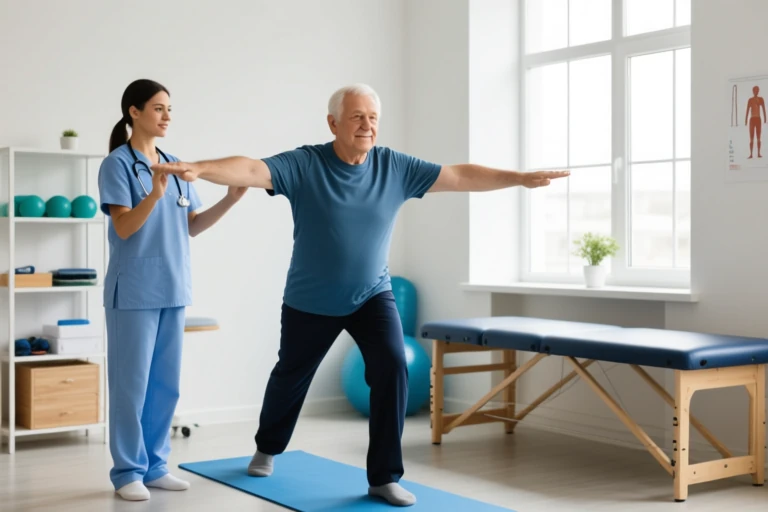 Senior man doing balance exercises during physiotherapy in Newmarket